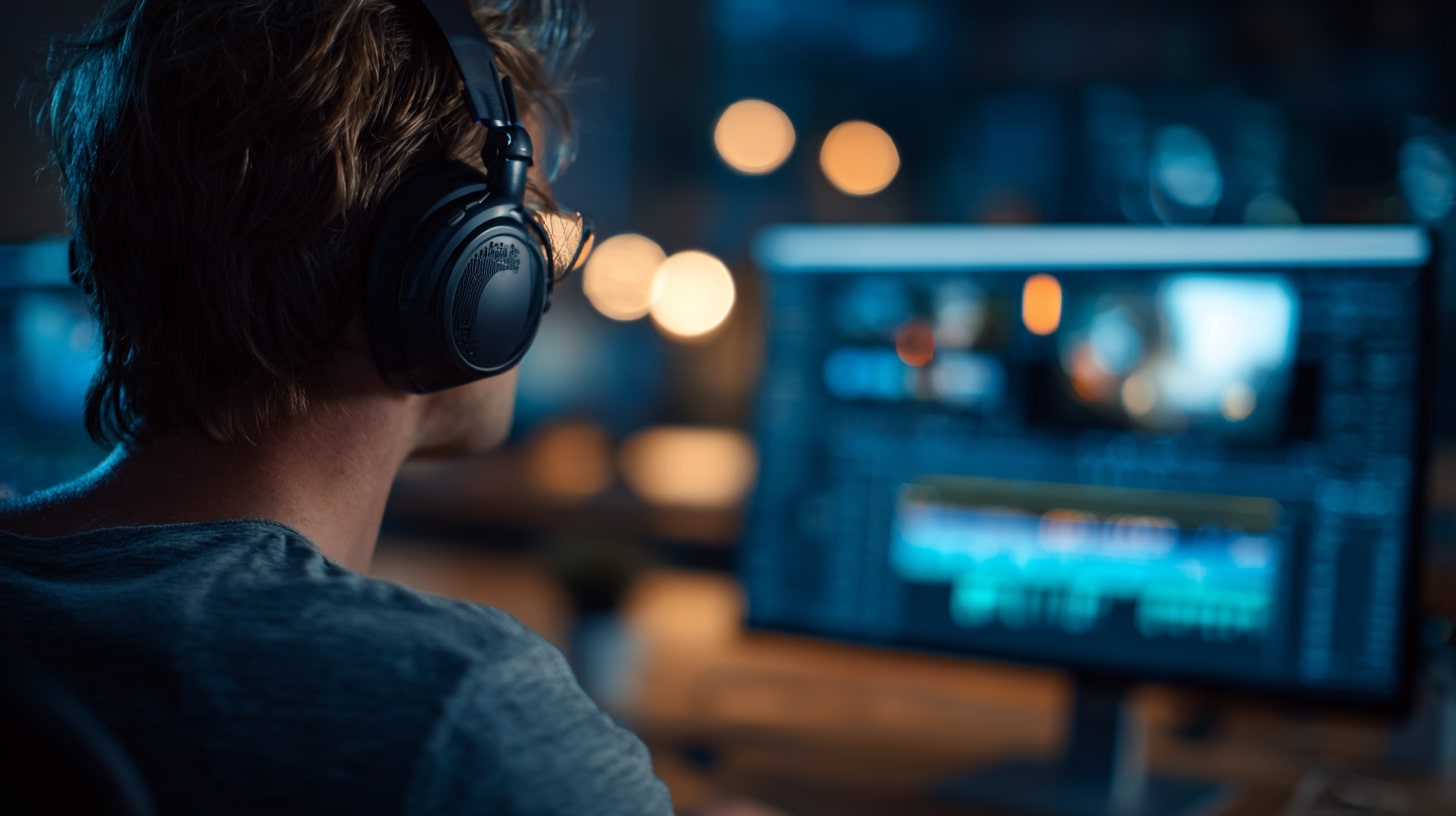 Monteur vidéo travaillant tard en studio sur un projet cinématographique assisté par des outils numériques.