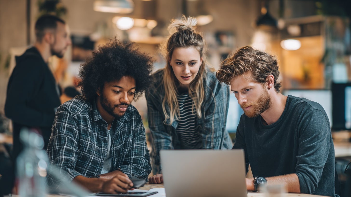 Équipe créative collaborant autour d’un ordinateur pour concevoir un projet audiovisuel innovant.