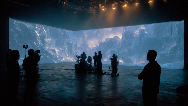 Acteurs évoluant devant un décor virtuel lors d’un tournage utilisant des technologies de production immersive.